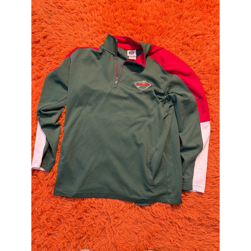 NHL Minnesota Wild Mens Medium Quarter Zip Pullover Green Red White Waffle Knit